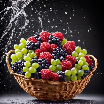 basket full of fruits berries and green grapes explode with huge particles splashing on the air ai generative photo