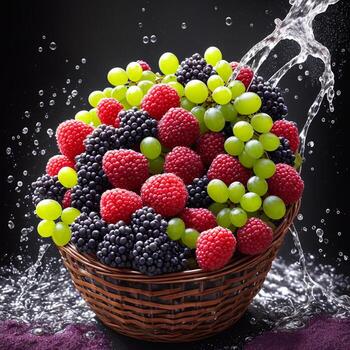 basket full of fruits berries and green grapes explode with huge particles splashing on the air ai generative photo