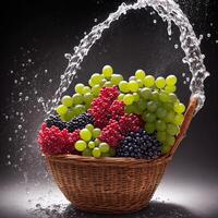 basket full of fruits berries and green grapes explode with huge particles splashing on the air ai generative photo