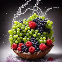 basket full of fruits berries and green grapes explode with huge particles splashing on the air ai generative photo