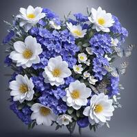 Flower realistic seamless butterfly abstract pattern. floral random background blue white ai generative photo