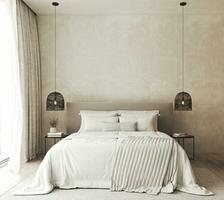 hogar interior dormitorio con cama y lámpara. blanco lecho y negro cabecera mesa antecedentes. 3d representación. alto calidad 3d ilustración foto
