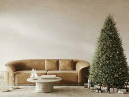 moderno sala con decorado Navidad árbol y regalo antecedentes. moderno naturaleza vista. 3d representación. alto calidad 3d ilustración foto