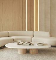 boho beige sala con iluminado paneles y decoración alfombra antecedentes. ligero moderno japonés naturaleza vista. 3d representación. alto calidad 3d ilustración foto