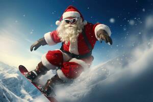 un acción Disparo de Papa Noel claus Snowboarding abajo un montaña pendiente, combinatorio el emoción de extremo Deportes con el magia de Navidad. foto