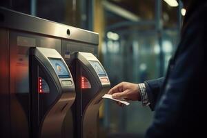 un pasajero exploración su electrónico tren boleto a un estación puerta, ilustrando el facilitar de utilizando boletos electrónicos para público transporte. foto