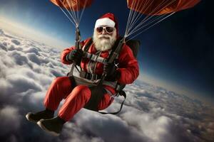 Papa Noel claus saltando desde un avión con un paracaídas, demostrando su audaz Acercarse a extremo Deportes. foto