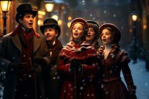 un grupo de villancicos vestido en Era Victoriana atuendo, canto en un cubierto de nieve calle, evocando el nostalgia de pasado Navidad tradiciones foto