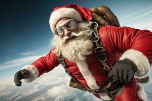 Papa Noel claus saltando desde un avión con un paracaídas, demostrando su audaz Acercarse a extremo Deportes. foto