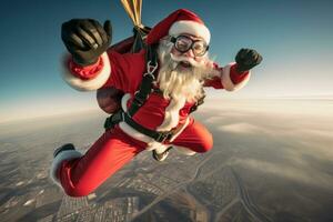 Papa Noel claus saltando desde un avión con un paracaídas, demostrando su audaz Acercarse a extremo Deportes. foto