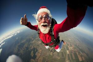 Papa Noel claus saltando desde un avión con un paracaídas, demostrando su audaz Acercarse a extremo Deportes. foto