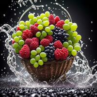 basket full of fruits berries and green grapes explode with huge particles splashing on the air ai generative photo