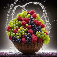 basket full of fruits berries and green grapes explode with huge particles splashing on the air ai generative photo