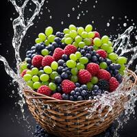 basket full of fruits berries and green grapes explode with huge particles splashing on the air ai generative photo