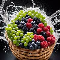 basket full of fruits berries and green grapes explode with huge particles splashing on the air ai generative photo