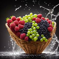 basket full of fruits berries and green grapes explode with huge particles splashing on the air ai generative photo