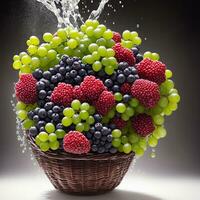 basket full of fruits berries and green grapes explode with huge particles splashing on the air ai generative photo