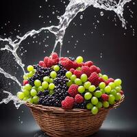 basket full of fruits berries and green grapes explode with huge particles splashing on the air ai generative photo