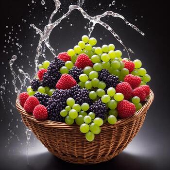 basket full of fruits berries and green grapes explode with huge particles splashing on the air ai generative photo