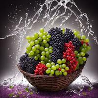 cesta lleno de frutas bayas y verde uvas explotar con enorme partículas salpicaduras en el aire ai generativo foto