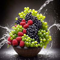 basket full of fruits berries and green grapes explode with huge particles splashing on the air ai generative photo