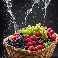 basket full of fruits berries and green grapes explode with huge particles splashing on the air ai generative photo