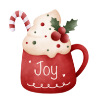 Warm drink topped with cream, candy cane and mistletoe png