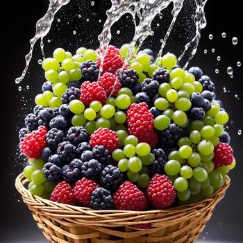 cesta lleno de frutas bayas y verde uvas explotar con enorme partículas salpicaduras en el aire ai generativo foto