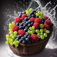 basket full of fruits berries and green grapes explode with huge particles splashing on the air ai generative photo