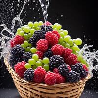 basket full of fruits berries and green grapes explode with huge particles splashing on the air ai generative photo