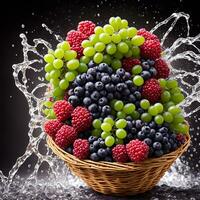 basket full of fruits berries and green grapes explode with huge particles splashing on the air ai generative photo