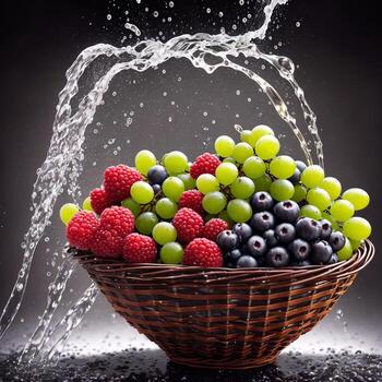 cesta lleno de frutas bayas y verde uvas explotar con enorme partículas salpicaduras en el aire ai generativo foto