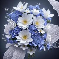 Flower realistic seamless butterfly abstract pattern. floral random background blue white ai generative photo