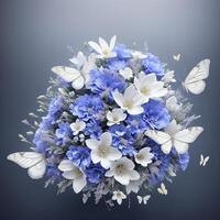 Flower realistic seamless butterfly abstract pattern. floral random background blue white ai generative photo