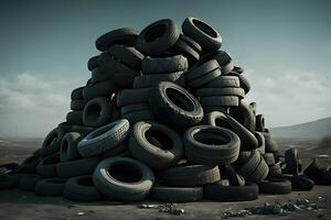 Big pile of used old car tires for recycling. Neural network generated art photo