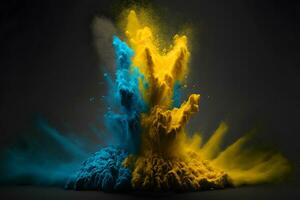 Explosion of yellow and blue color paint powder on black background. Neural network generated art photo