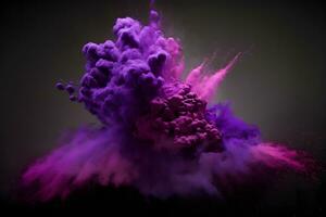 Explosion of purple and violet color paint powder on black background. Neural network generated art photo