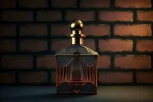 botella de de los hombres perfume en un ladrillo pared. neural red generado Arte foto