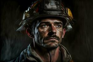 Portrait of firefighter dirty face in special helmet and firefighters uniform. Neural network generated art photo