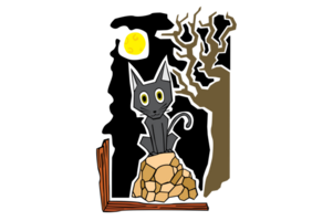 Artwork - Halloween - black cat sitting on a rock at night png