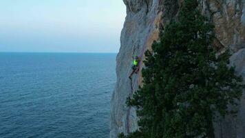 mulher alpinista Rocha escalada com topo corda. penhasco e mar. crimeia, Rússia. aéreo Visão video