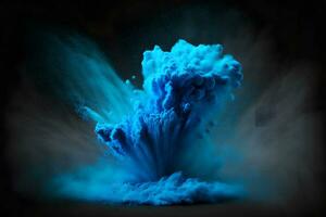 Explosion of blue color paint powder on black background. Neural network generated art photo