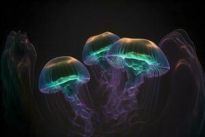 Group of clear glowing neon color light jelly fish in deep dark water. Neural network generated art photo