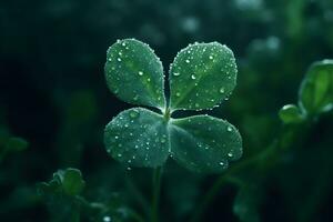 Four-leaf clover with drops. Neural network AI generated photo