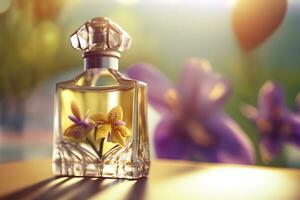 hermosa De las mujeres perfume botella con orquídeas. neural red generado Arte foto