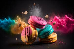 Colorful macarons with sugar powder explosion moment on black background. Neural network generated art photo