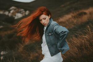 The red-haired girl travels in the mountains. Neural network AI generated photo