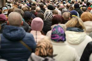 TERNOPIL, UKRAINE - APRIL 2, 2023 Many people during mission in complex of Ukrainian Jerusalem in the Mari spiritual center of Zarvanytsia In the Terebovlya district of the Ternopil photo