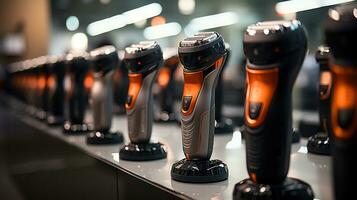 Shaving electric shaver and equipment in the store. photo