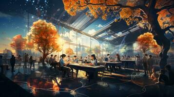Rendering and illustration of business people in a modern office with trees. photo